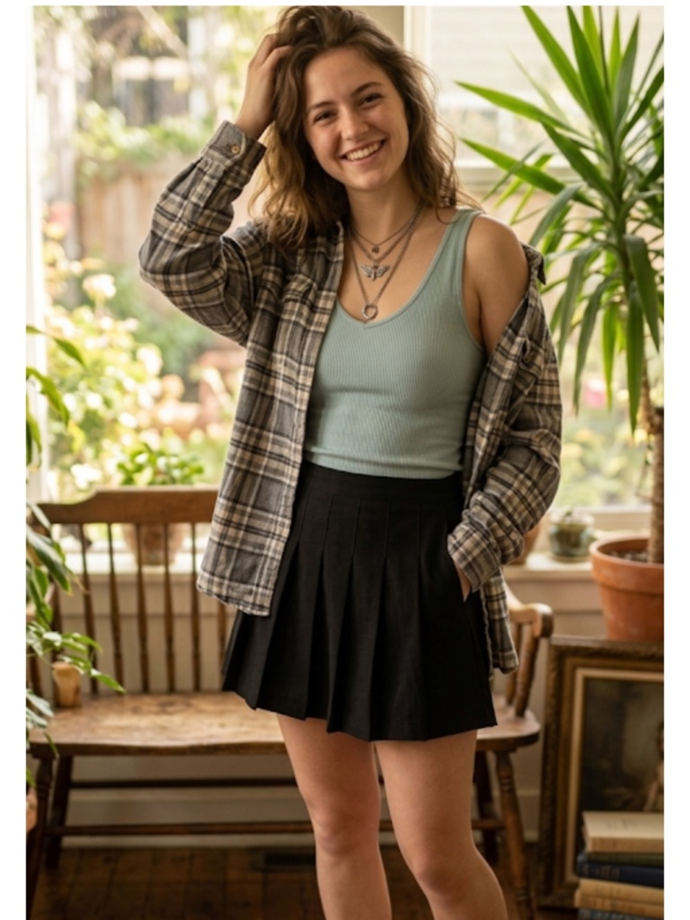 Old Navy Gray and Tan Plaid Button-Down Shirt